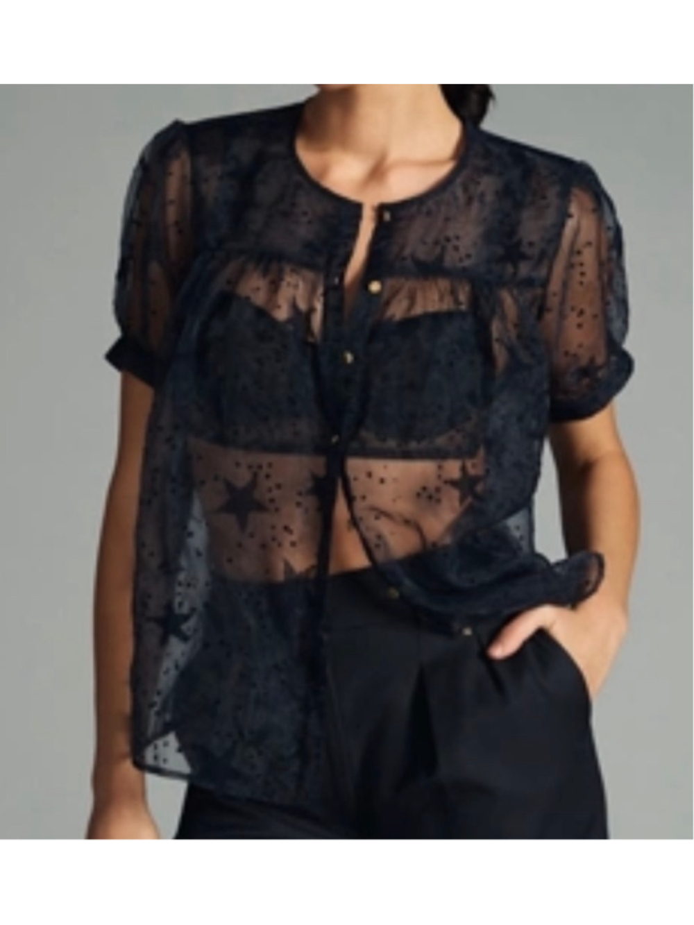 Women's Anthropologie Let Me Be Black Star Print Sheer Blouse Size M